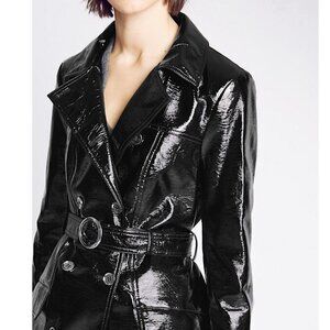 GLOSSY Couture Show STOPPING Black Patent Leather Belted Trench Coat S